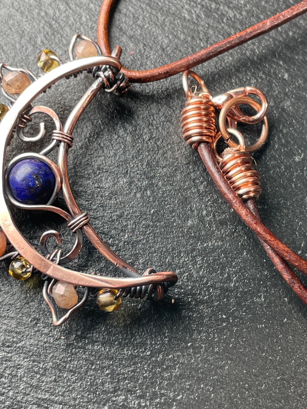 Moon in the Wild Handmade Crescent Necklace — Copper with Lapis And Sunstones - Picture 8 of 13